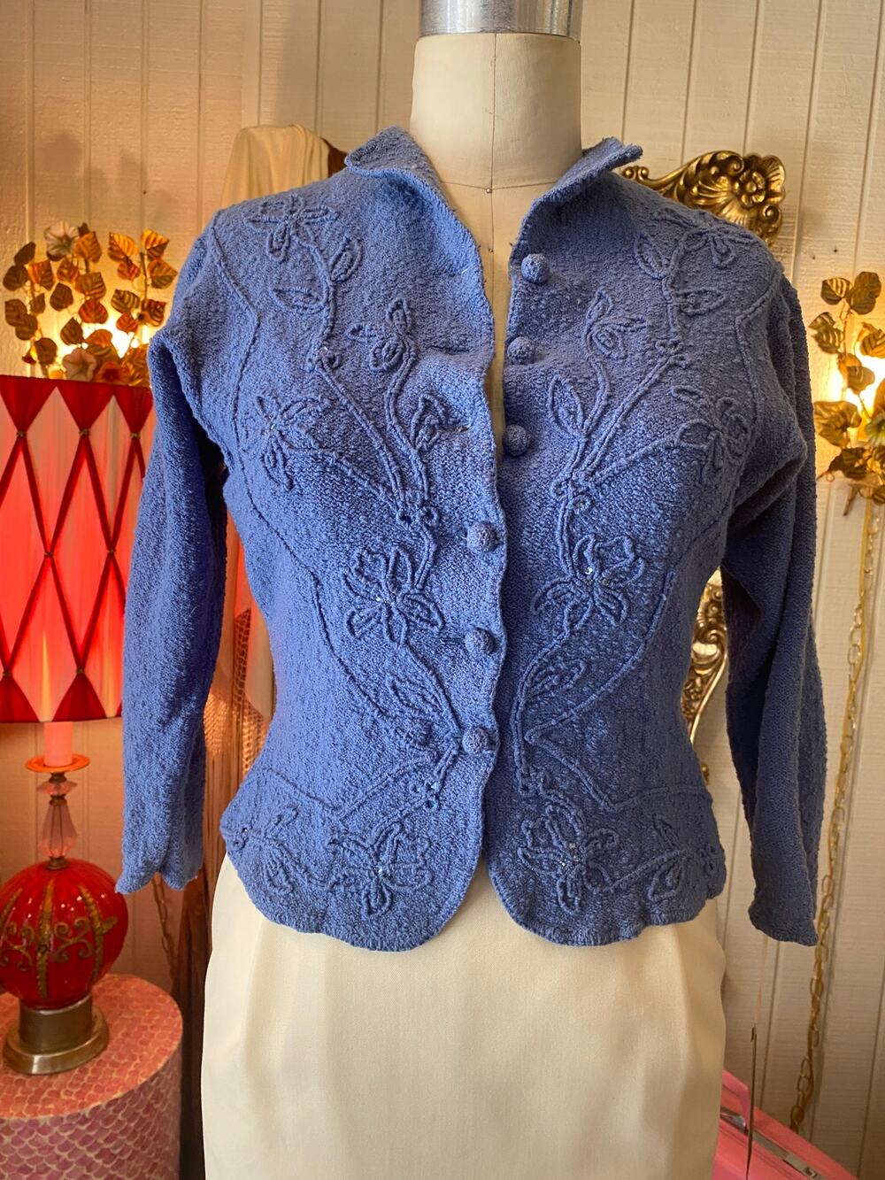 vintage 1940s blue knit top, fitted wool sweater, 40s soutache, rhinestones, s